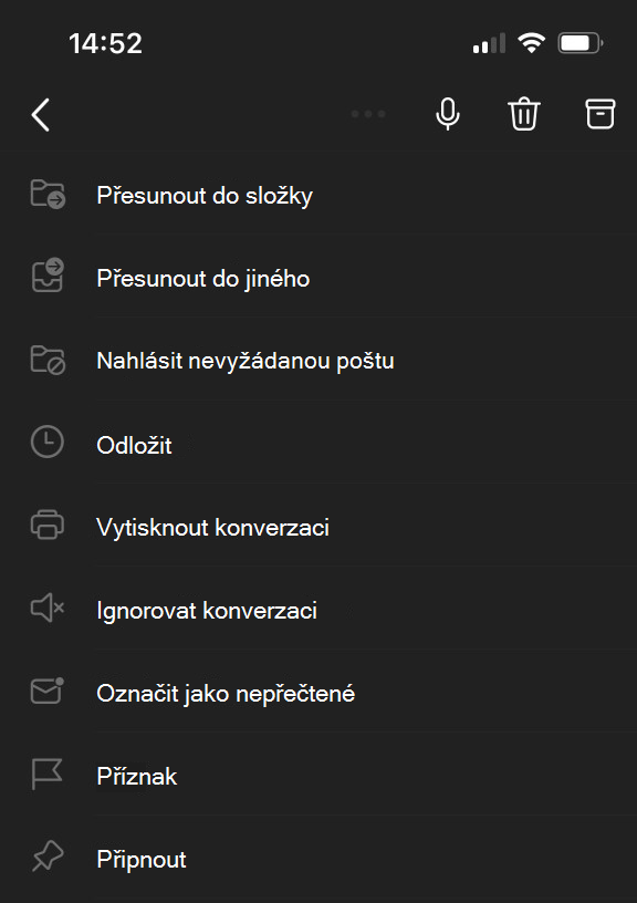 Nabídka elipsy v horní části obrazovky pro Outlook Mobile