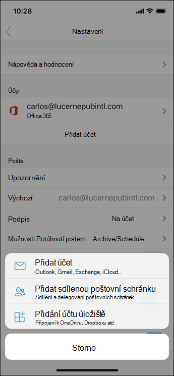 Přidání účtu do aplikace Outlook