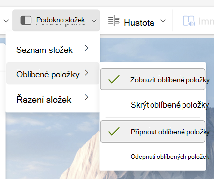 Snímek obrazovky s rozevíracím seznamem podokna složek s vybranými položkami Zobrazit oblíbené položky a Připnout oblíbené položky