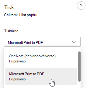 Snímek obrazovky s výběrem funkce Microsoft Print to PDF