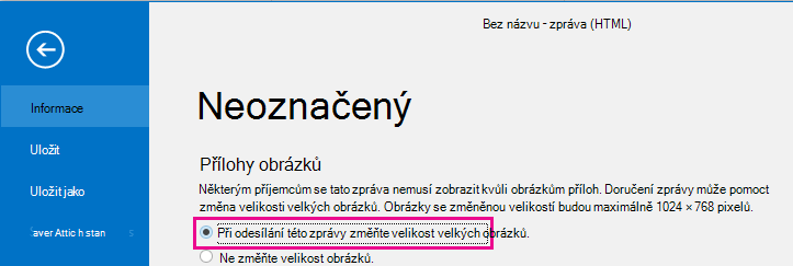 Po kliknutí na tuto možnost Outlook změní velikost odesílaných obrázků.
