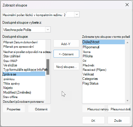 Nastavení zobrazení sloupců v Outlooku