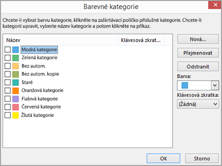 Dialogové okno Barevné kategorie