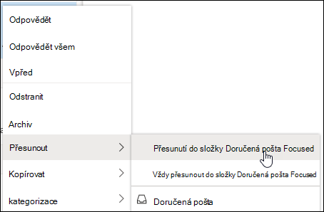 Snímek obrazovky ukazuje nabídku, která se zobrazí po kliknutí pravým tlačítkem myši s možnostmi Přesunout do prioritní doručené pošty a Vždy přesunout do prioritní doručené pošty.