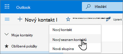Snímek obrazovky s nabídkou Nový kontakt a vybranou možností Nový seznam kontaktů
