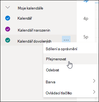 Snímek obrazovky s místní nabídkou kalendáře a vybranou možností Přejmenovat