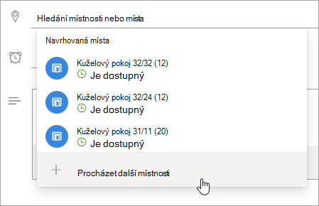 Snímek obrazovky s nabídkou Navrhovaná umístění