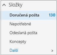 Snímek obrazovky, který zobrazuje výchozí poštovní složky pod položkou Oblíbené.