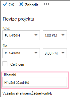 Podokno podrobností se zobrazeným polem Účastníci, které se používá v Pomocníku pro plánování