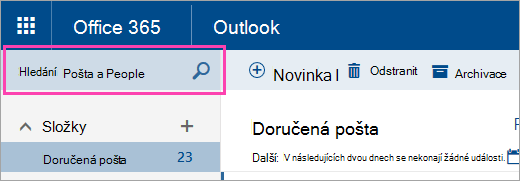 Snímek obrazovky pole Hledat v poště a lidech