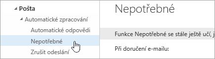 Snímek obrazovky s ukazatelem myši na možnosti Nepotřebné v nabídce Nastavení