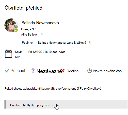 Snímek obrazovky s pozvánkou na schůzku poslanou do sdíleného kalendáře
