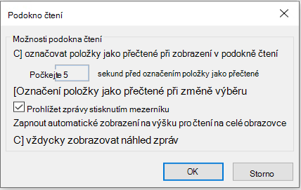 Možnosti podokna čtení