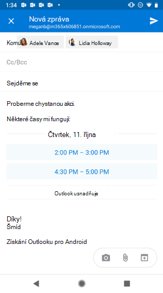 Zobrazuje obrazovku Androidu s konceptem e-mailu, ve kterém jsou navrhované časy. Je tu &kvóta; X&kvóta; v levém horním rohu.
