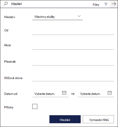 Vyhledávací pole v Outlook na webu s dostupnými filtry