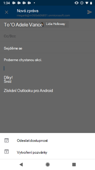 Zobrazuje obrazovku Androidu s šedým konceptem e-mailu a &kvótou; Odeslat dostupnost&kvótu; tlačítko pod ním.
