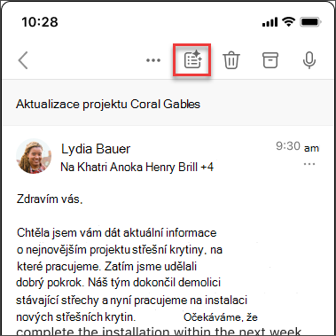 Copilot ikona shrnout pro shrnutí e-mailového vlákna v iOSu a Androidu.
