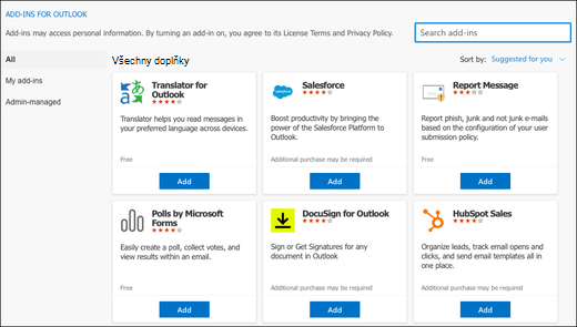 Dialogové okno Doplňky pro Outlook v Outlook pro Mac