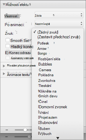 Snímek obrazovky zobrazuje oddíl Možnosti efektu na kartě Animace s rozbalenou nabídkou Zvuk.
