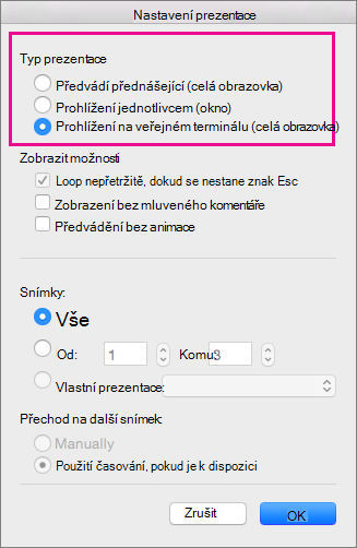 Možnosti pro typ prezentace