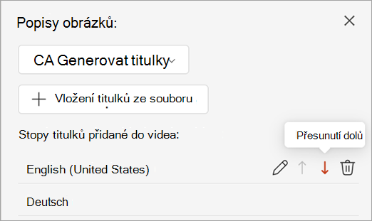 Tlačítko Přesunout dolů pro stopu titulků v podokně Titulky.