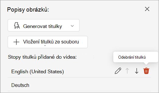 Tlačítko Odebrat titulky pro stopu titulků v podokně Titulky.