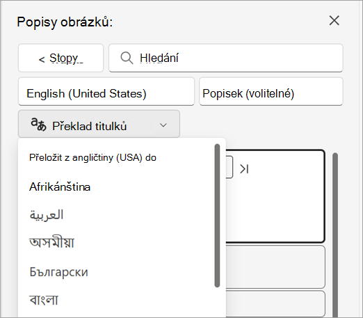 Překlad rozevíracího seznamu titulků v podokně Titulky.