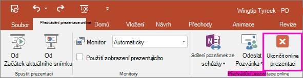 Zobrazí v PowerPointu tlačítko Ukončit online prezentaci.