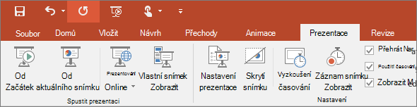 Zobrazuje kartu Prezentace na pásu karet v PowerPointu.