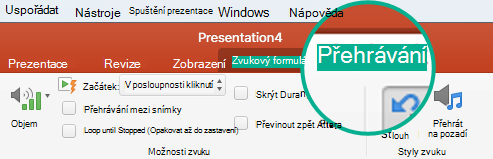 Když na snímku vyberete zvukový klip, objeví se na pásu karet karta Přehrávání pro nastavení možností přehrávání.