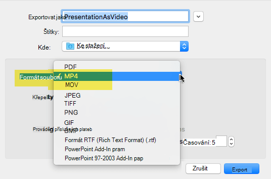 Předplatitelé Office 365 můžou exportovat prezentaci do videa jako soubor MP4 nebo MOV