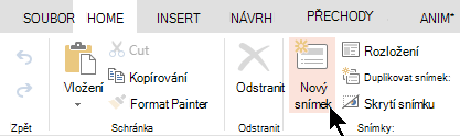 Tlačítko Nový snímek na kartě Domů nebo na pásu karet