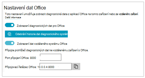 Snímek obrazovky s oddílem Nastavení dat Office v Nastavení Prohlížeče diagnostických dat