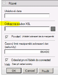 Vlastnost Odkaz na data XSL v nabídce Webová část