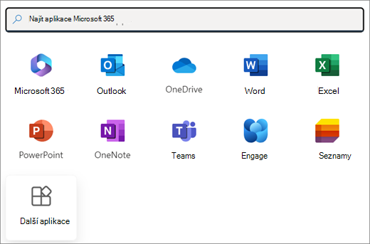 Výběr aplikací Microsoft 365. Poslední dlaždice je More apps (Další aplikace).