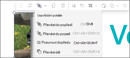Rozevírací seznam Uspořádat položky na panelu nástrojů webové části