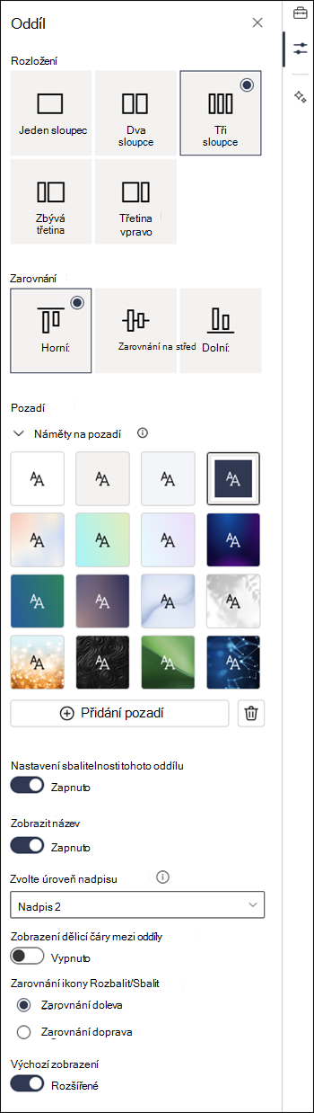 Podokno vlastností oddílu s povoleným sbalitelným nastavením