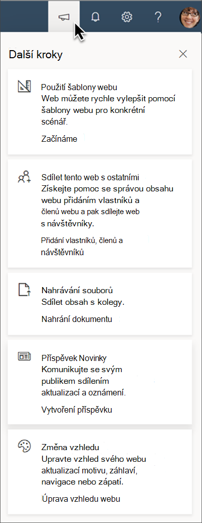 Obrázek tipů na panelu s dalšími kroky