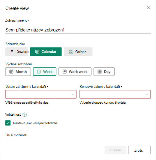 Dialogové okno Vytvořit zobrazení slouží k přidání nastavení kalendáře.