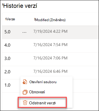 Snímek obrazovky při odstraňování verze
