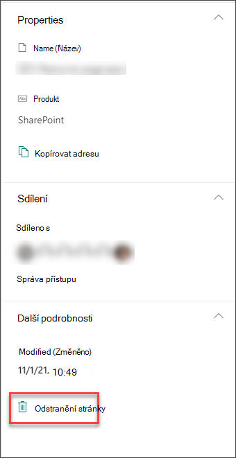 Snímek obrazovky s možností odstranění stránky v podokně podrobností o stránce
