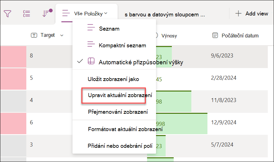 Snímek obrazovky s výběrem možnosti Upravit aktuální zobrazení