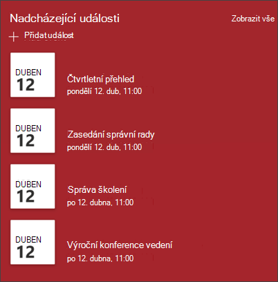 Snímek obrazovky webové části Události