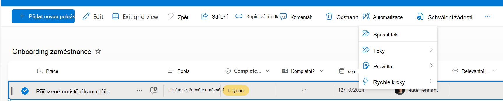 Selected item with option to run a quick step