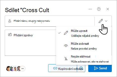Dialogové okno Sdílet s možnostmi pro sdílený soubor