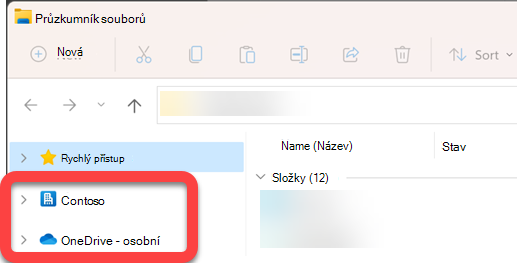 V navigačním podokně na levé straně Průzkumník souborů jsou složky nejvyšší úrovně pro synchronizovanou sharepointovou knihovnu a synchronizovaný OneDrive.