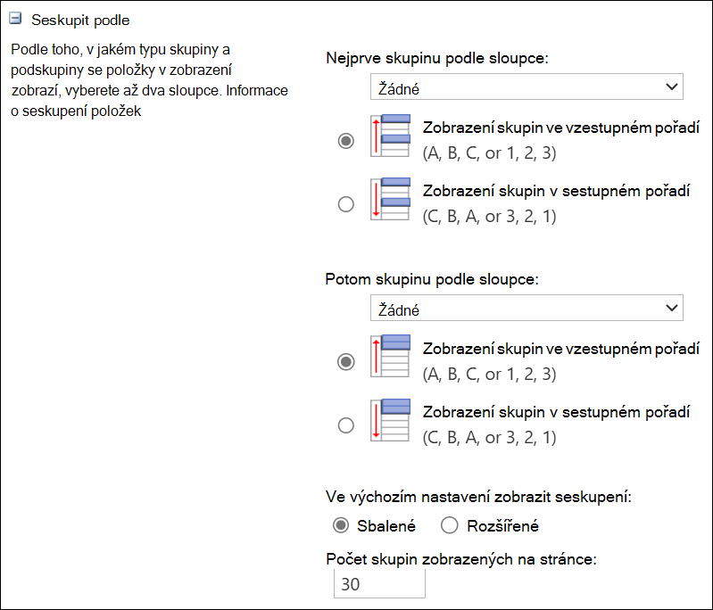 Snímek obrazovky seskupení až podle 2 sloupců