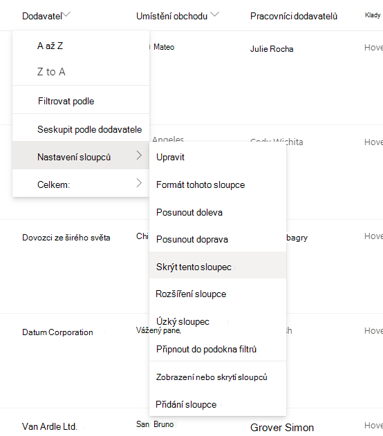 Nastavení sloupců > Skrýt tuto možnost sloupce při výběru záhlaví sloupce v moderním seznamu nebo knihovně SharePoint