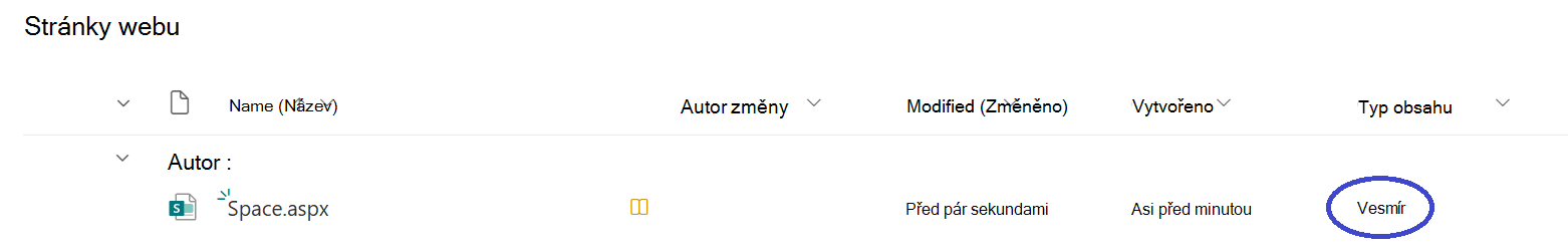 Identifikujte prostory SharePointu tak, že přejdete do knihovny Stránky webu a vyhledáte soubory s prostorem typů obsahu