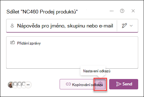 Snímek obrazovky s polem nastavení odkazu, které zobrazuje všechny dostupné možnosti pro odkazy ke sdílení.